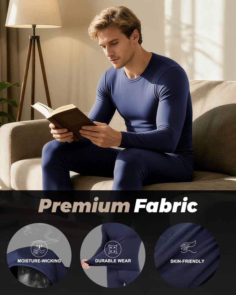 WEERTI ملابس داخلية حرارية للرجال WEERTI طويلة الساقين مع بطانة فليس للطبقة الأساسية للرجال في الطقس البارد، علوي وسفلي باللون الأزرق الداكن - Image 5